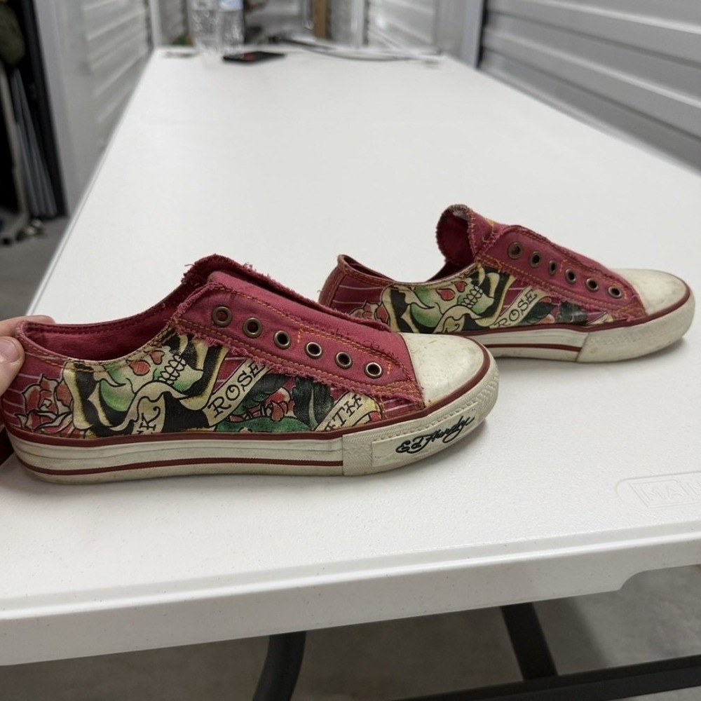 Ed Hardy Low Top Sneakers Womens 8 Red Good Tattoo Skull Rose Slip On Canvas